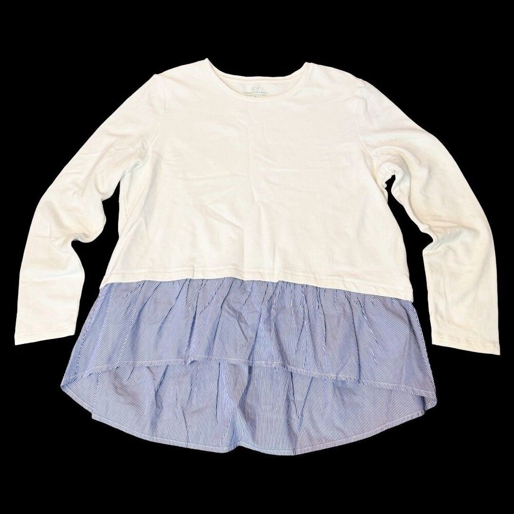 Vineyard Vines Womens XL Top Blue White Ruffle Peplum Long Sleeve Tee Soft Girl